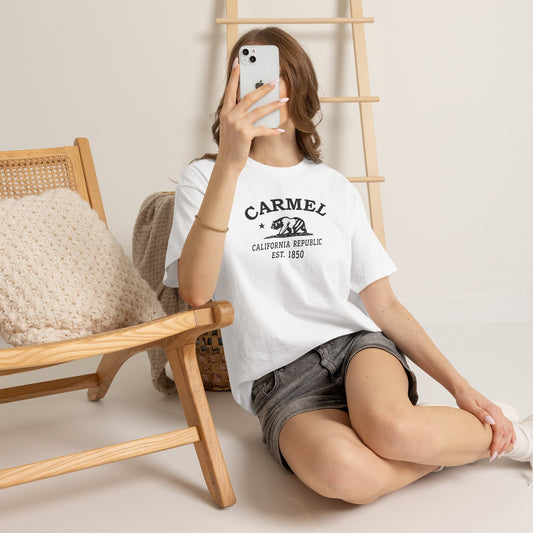 Carmel California retro tee — classic black Carmel, California bear-and-star logo on Gildan heavy cotton — Carolina Blue