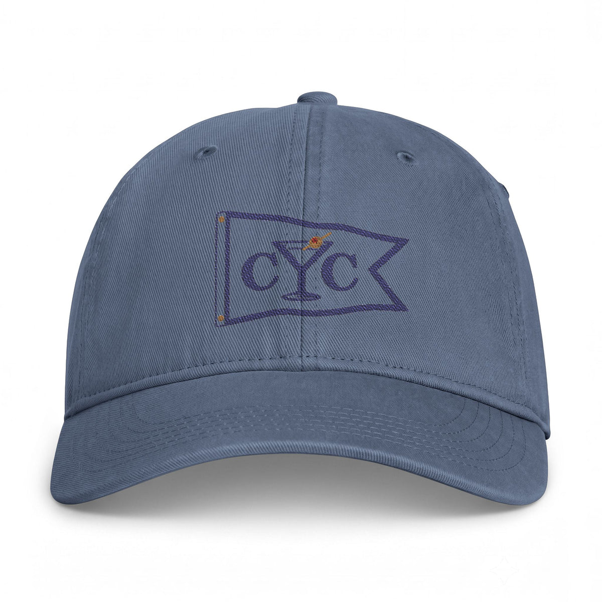 Blue Jean Compo Yacht Club embroidered cap — stitched martini burgee on washed cotton twill