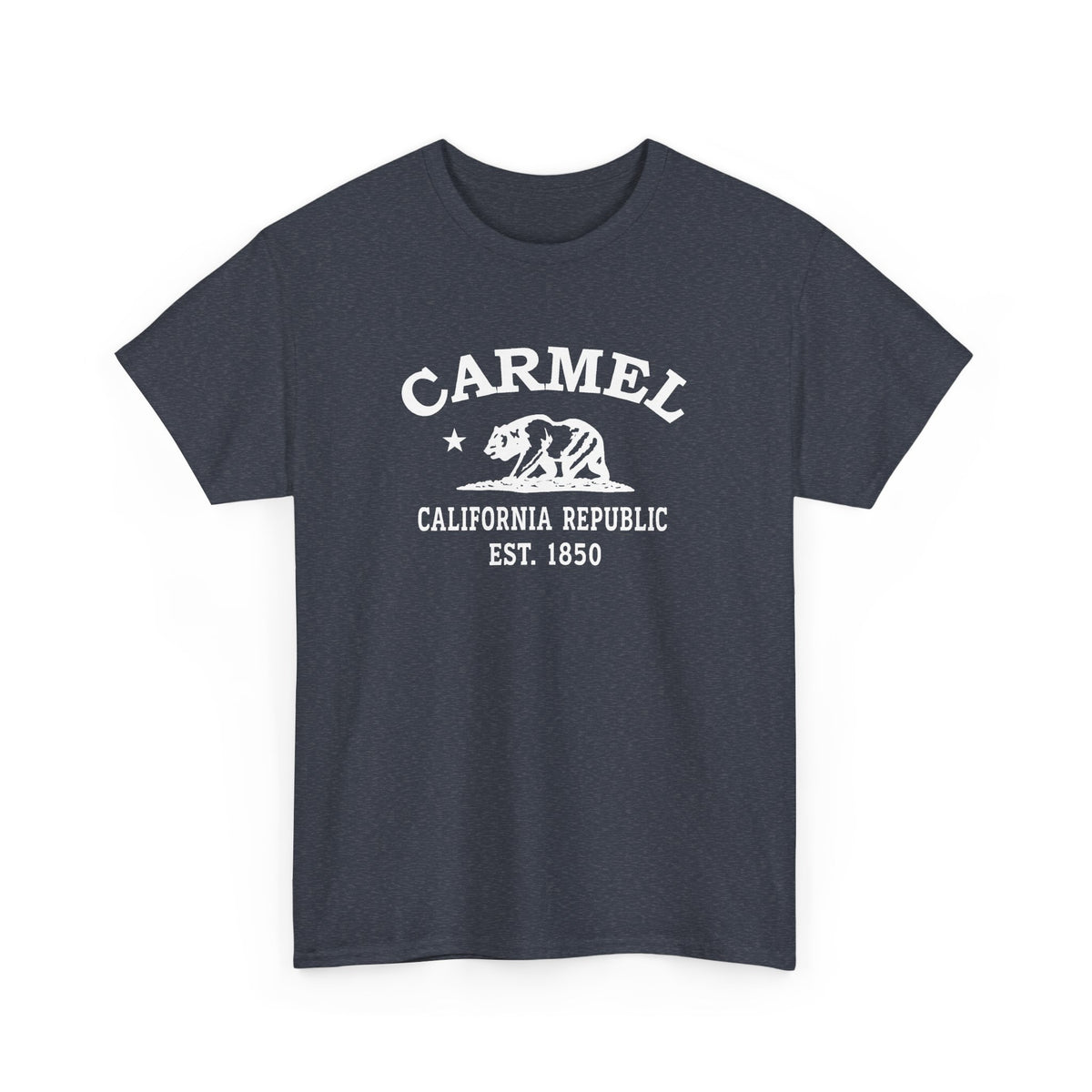 Carmel California retro tee — classic white Carmel, California bear-and-star logo on Gildan heavy cotton — Dark Heather