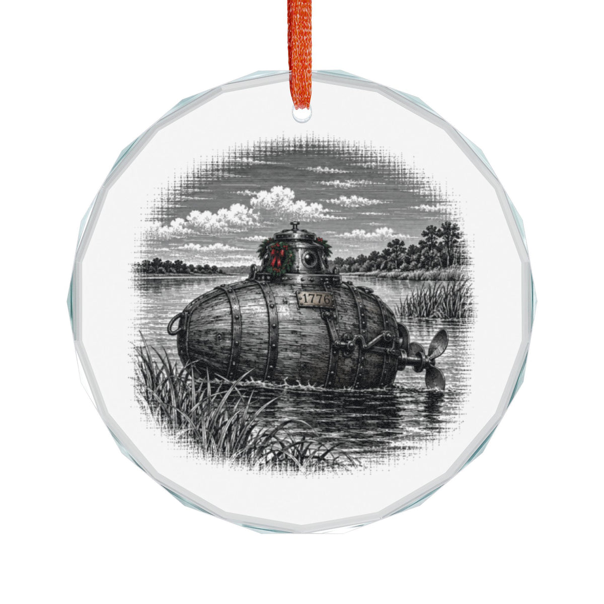 Westbrook Connecticut Holiday Ornament, Bushnell's Turtle, Crystal Glass Ornament Hanging on White