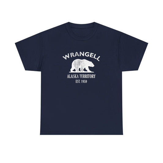 Wrangell Alaska Vintage Style Unisex Heavy Cotton Tee - White Retro Bear Logo, Navy