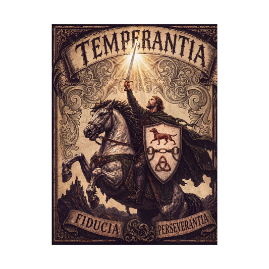 №108 Knight on Horseback Heraldic Poster — Filigree Sky · Live Your Best Knight · Temperantia Fiducia Perseverantia