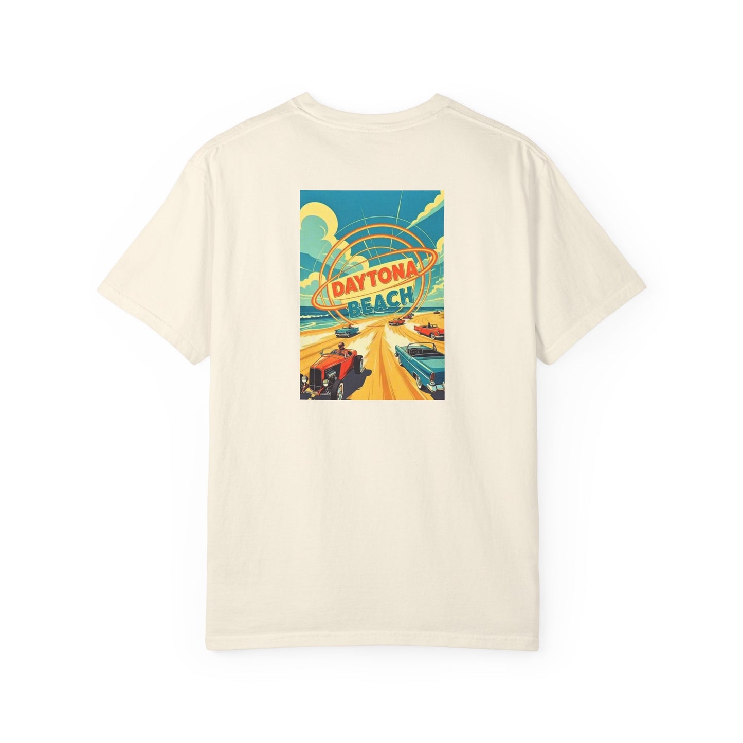 Daytona Beach Florida Vintage Retro Back Printed Art Series Cotton Tee - Black Logo