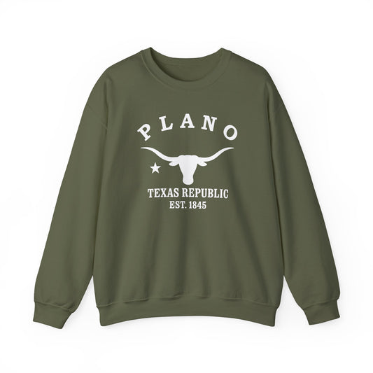 Plano Texas Vintage Retro Unisex Heavy Crewneck Sweatshirt - White Logo