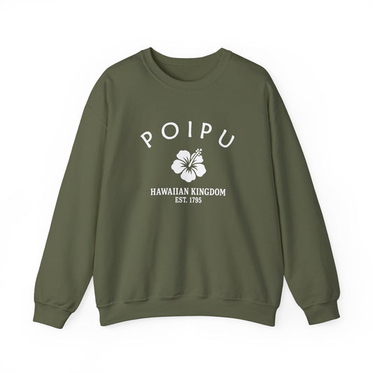 Poipu Hawaii Vintage Retro Unisex Heavy Crewneck Sweatshirt - White Logo