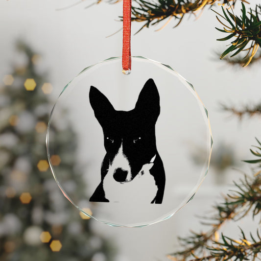 Faceted Crystal Holiday Ornament Shown on a Lit Tree, Art: Retro Black and White Basenji Head Crest With Tall Listening Ears, Animal Series