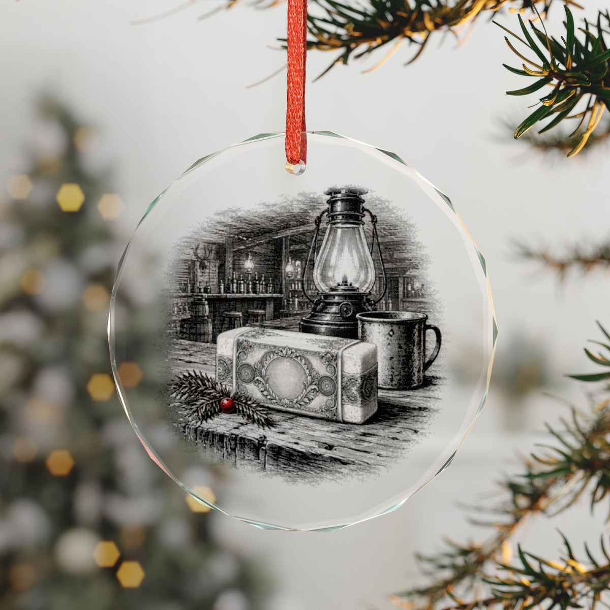 Skagway Alaska Holiday Ornament, Soapy Smith's Soap, Crystal Glass Ornament Hanging on a Christmas Tree
