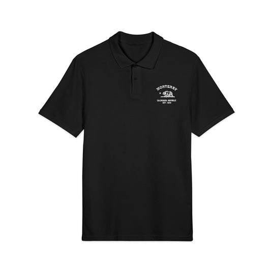 Monterey California Vintage Retro Unisex Embroidered Cotton Polo, Black, White Logo