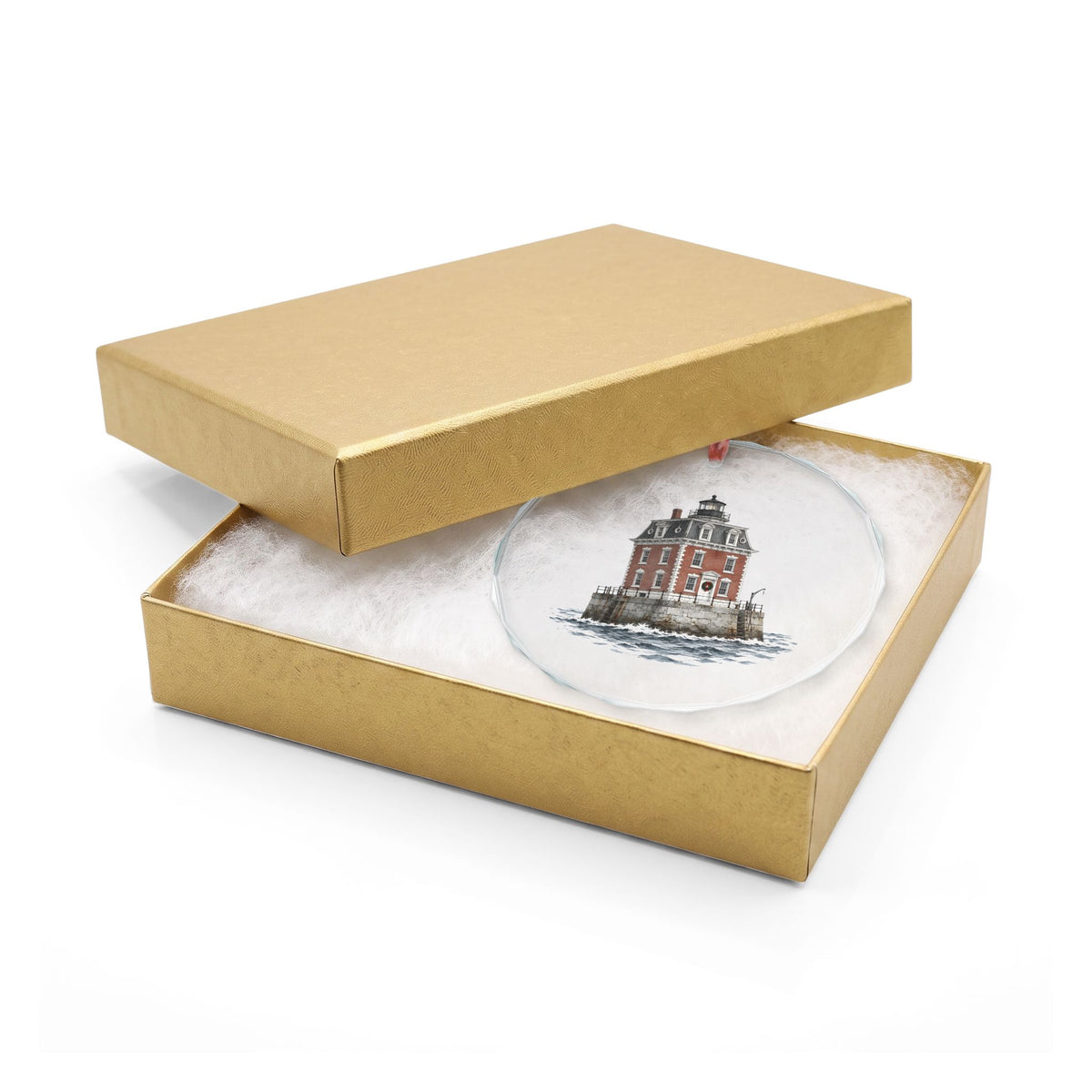 New London, Connecticut Holiday Ornament — The Brick Mansion Standing in the Water — crystal ornament hanging by red ribbon, faceted beveled edge