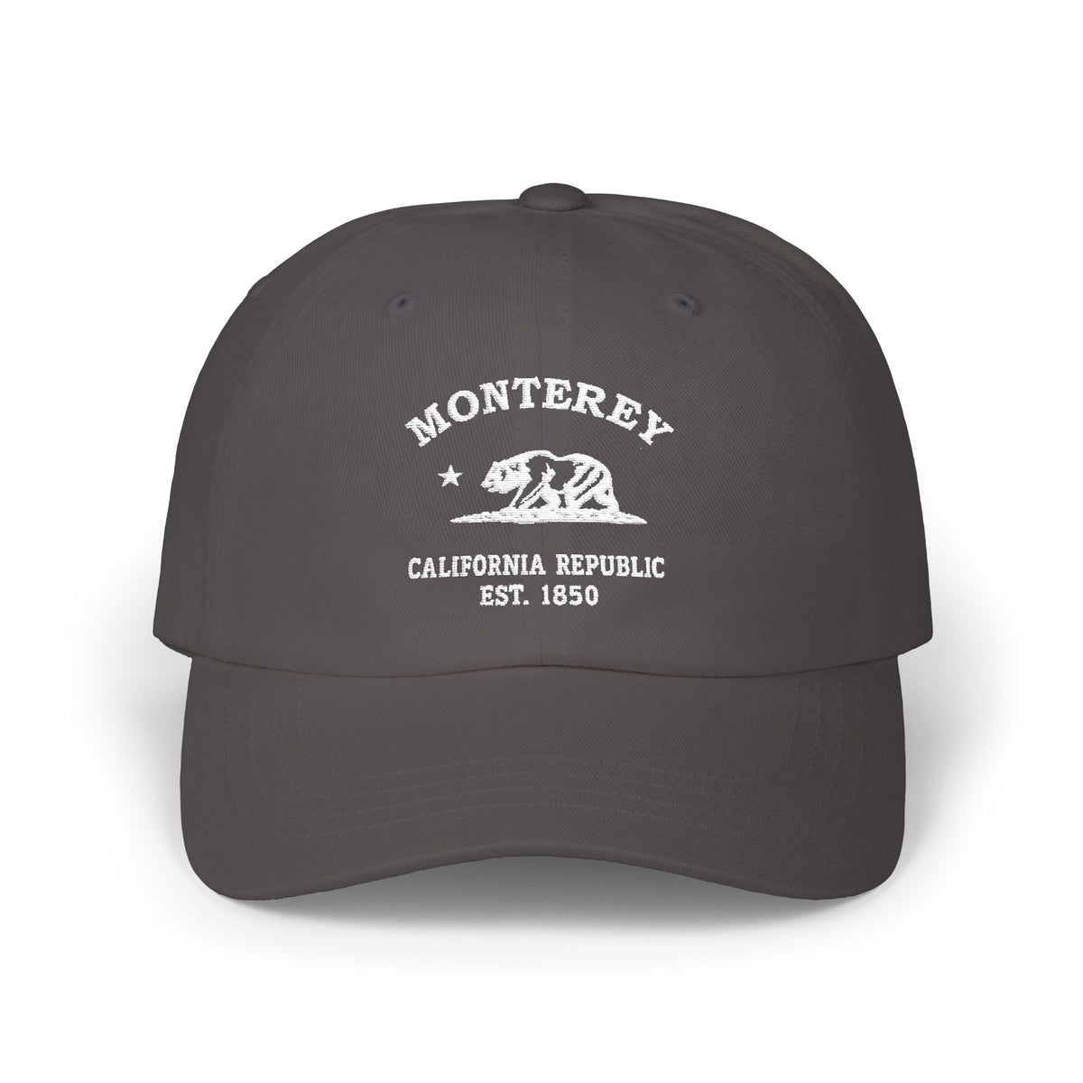 Monterey California Vintage Retro Embroidered Cotton Cap, Dark Grey, White Logo