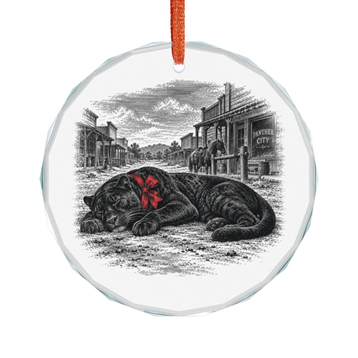 Fort Worth Texas Holiday Ornament, Sleeping Panther, Crystal Glass Ornament Hanging on White