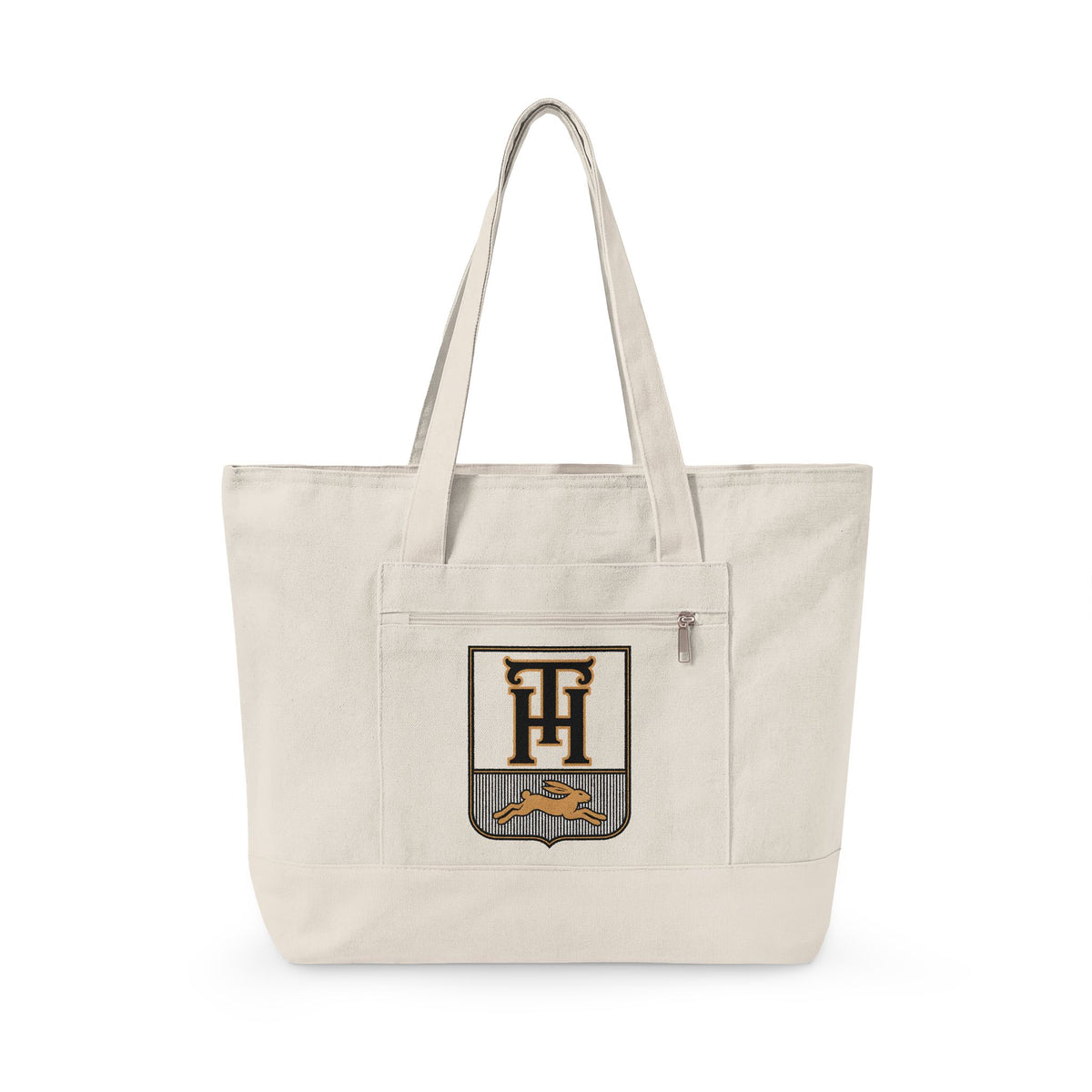 Natural Canvas Team Haas Zippered Tote with TH Family Crest on the Front Pocket