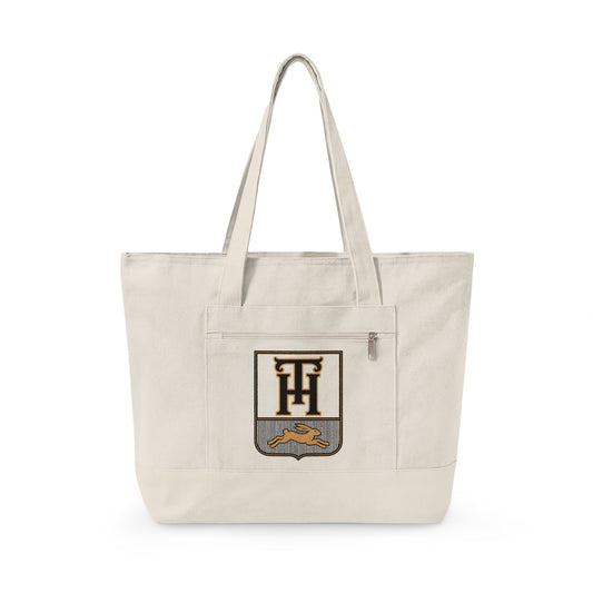 Natural Canvas Team Haas Zippered Tote with TH Family Crest on the Front Pocket