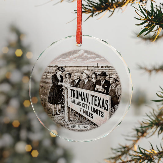 Truman Texas Crystal Glass Holiday Ornament, Sepia Pen-and-Ink of the 1945 Milk-Bottle Sign Christening, Hanging on a Christmas Tree