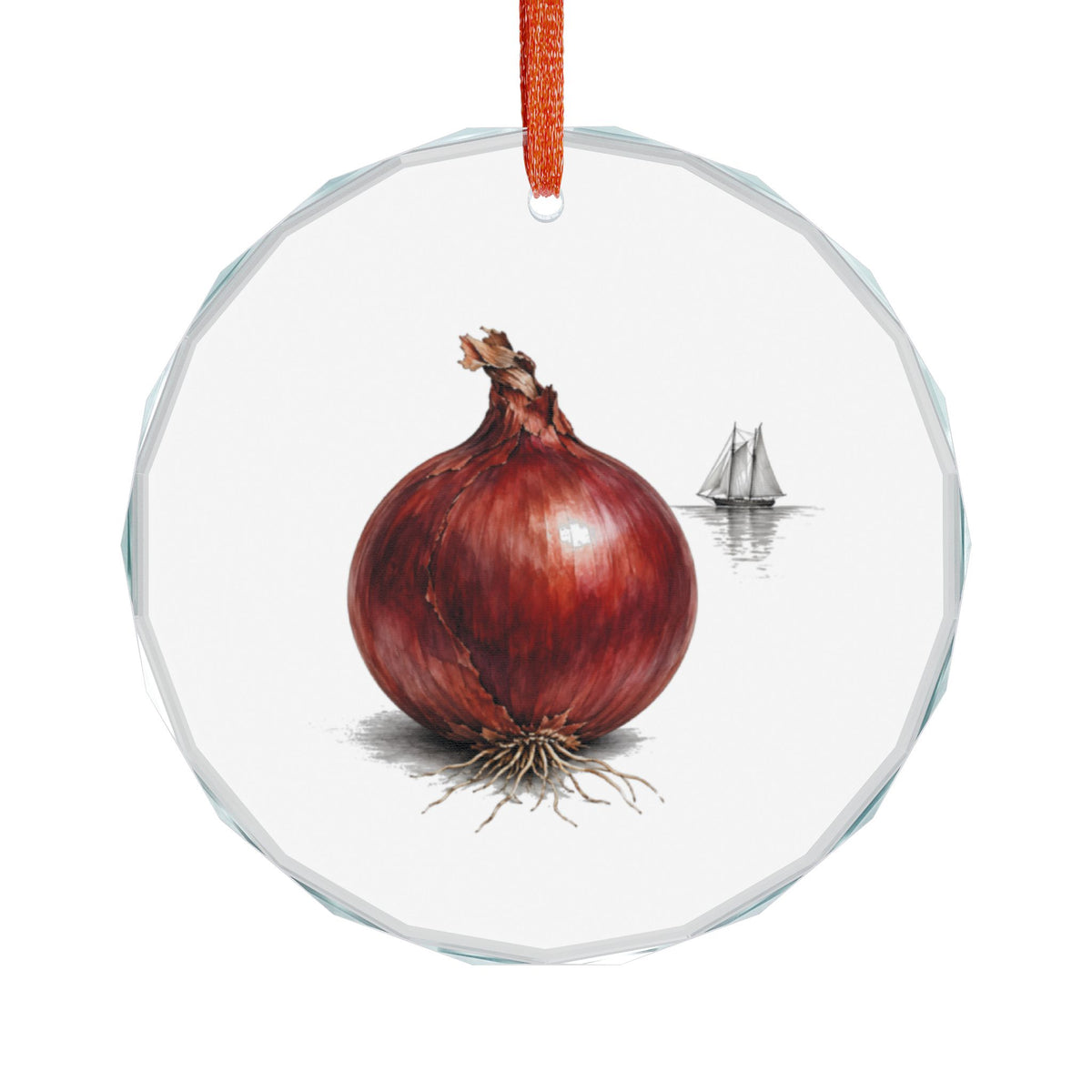 Southport, Connecticut Holiday Ornament — The Onion That Sailed Out by Schooner — front view: a single glossy red globe onion in botanical-plate style, papery skin split to show the deep red flesh beneath, fine root whiskers at the base and a dried neck at the top