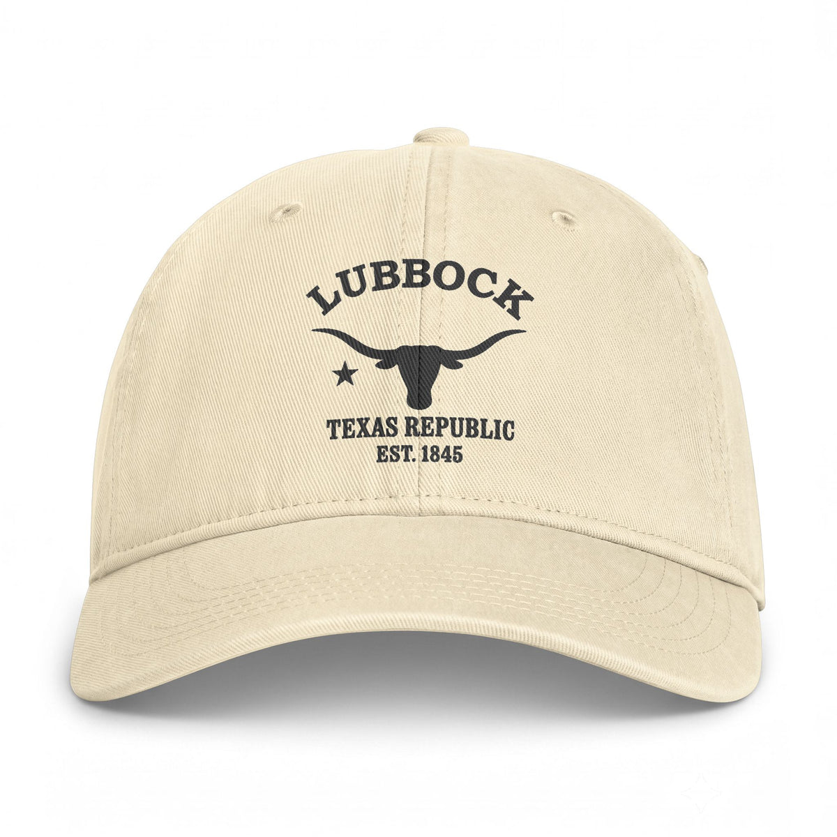 Lubbock Texas Retro Vintage Washed Cap in Ivory, Charcoal Printed Town Logo