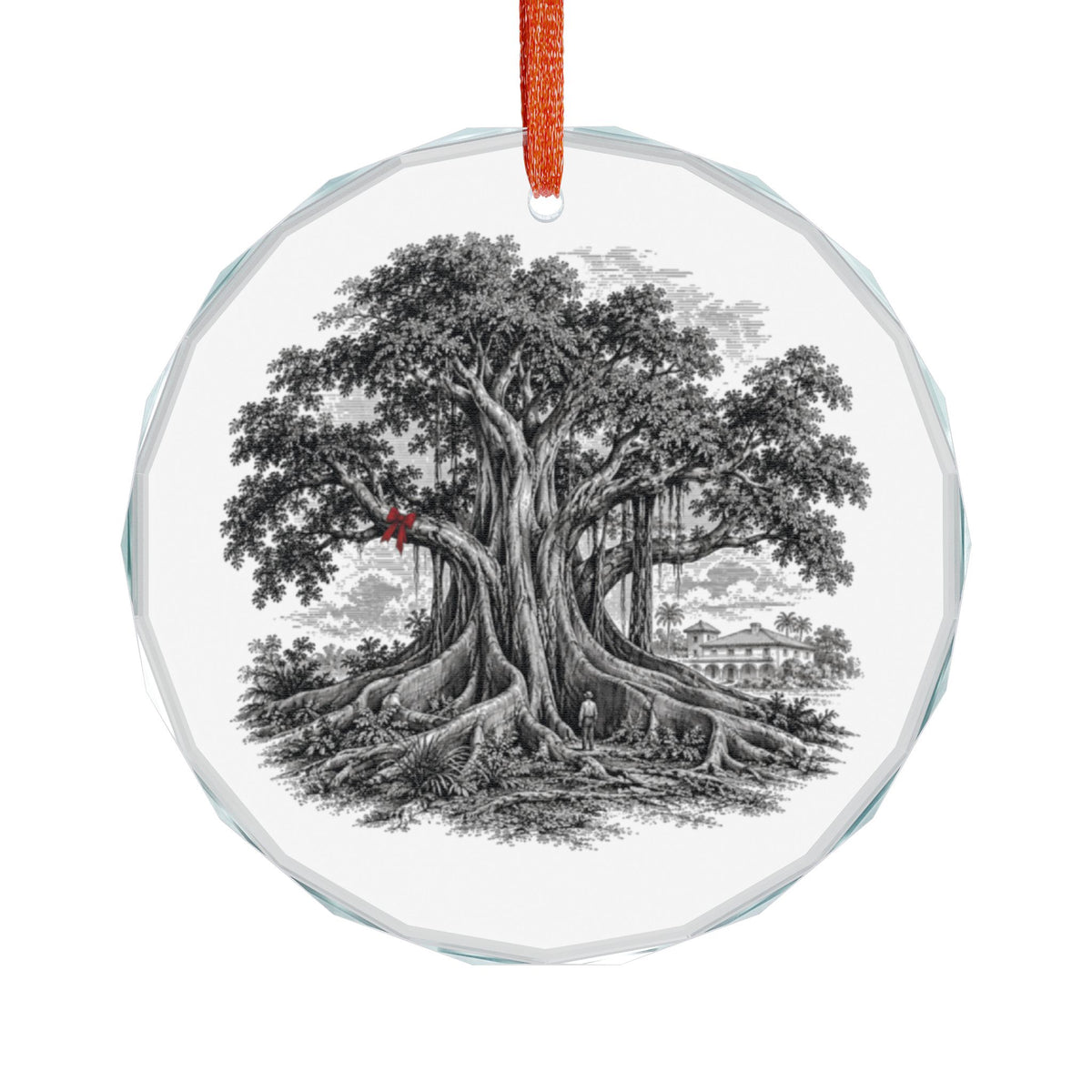 Santa Barbara California Holiday Ornament, Moreton Bay Fig, Crystal Glass Ornament Hanging on White