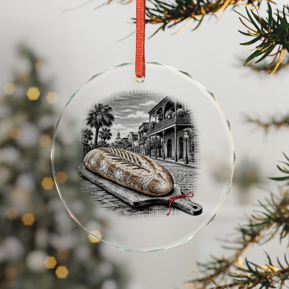 Tampa Florida Holiday Ornament, Cuban Bread, Crystal Glass Ornament Hanging on a Christmas Tree