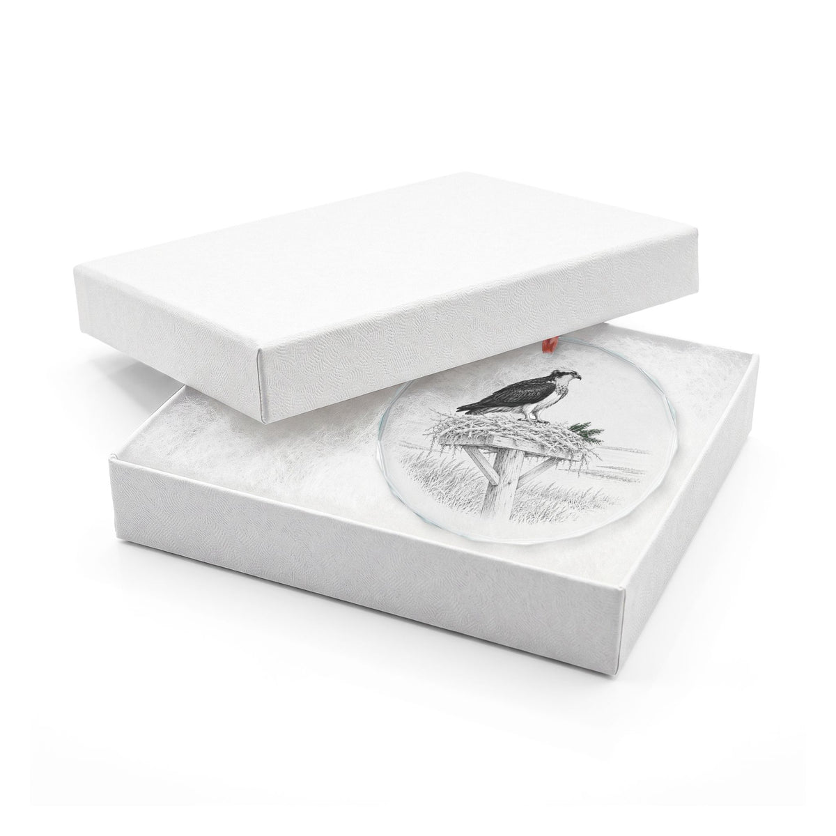 Madison Connecticut Crystal Christmas Ornament in White Gift Box, Osprey on a Nesting Platform at Hammonasset