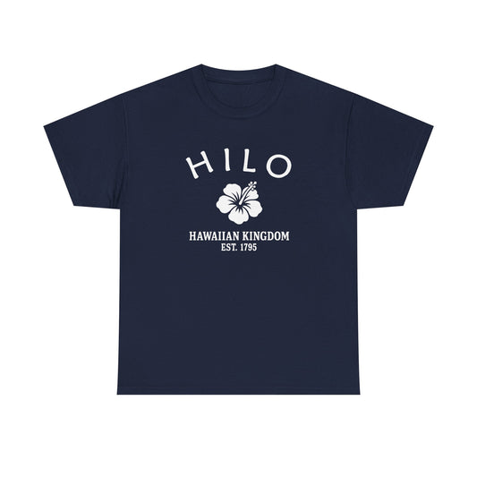 Hilo Hawaii Vintage Style Unisex Heavy Cotton Tee - White Retro Hibiscus Logo, Navy
