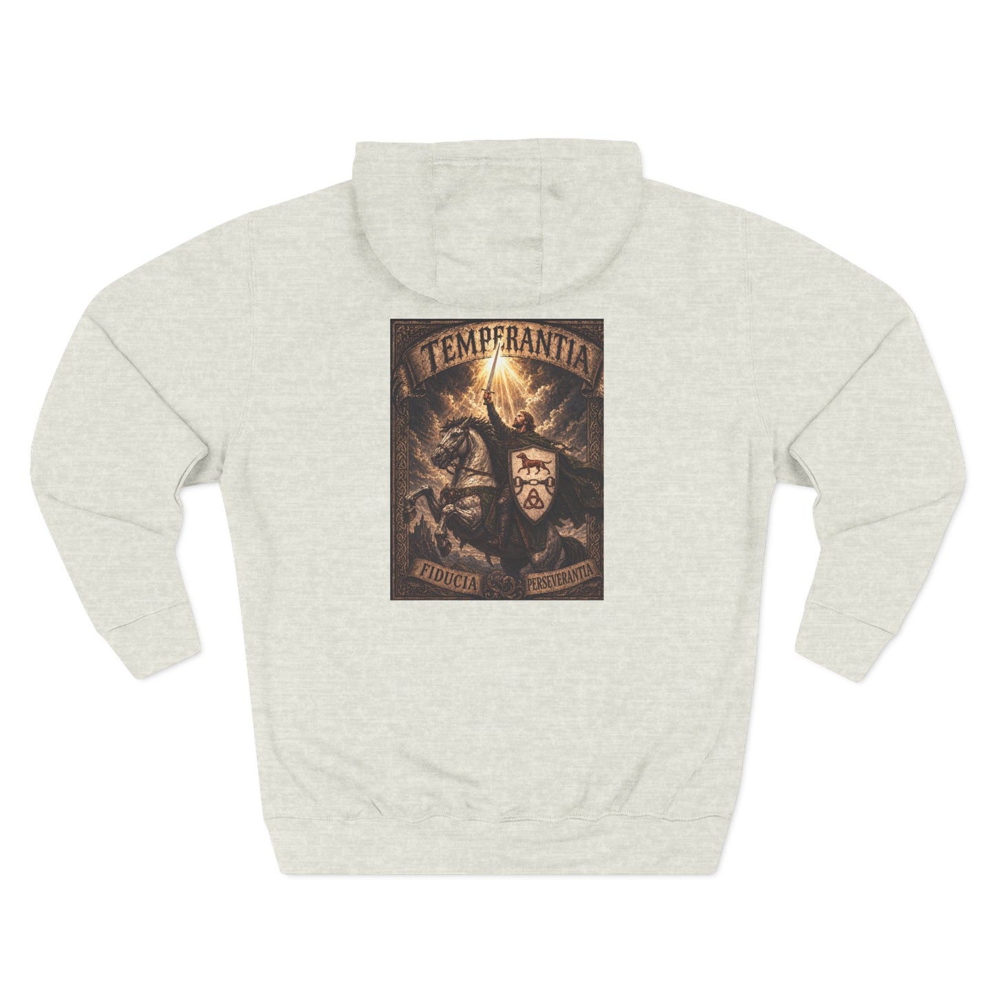 №108 Knight Crest Heavy Cotton Hoodie · Live Your Best Knight · Temperantia Fiducia Perseverantia