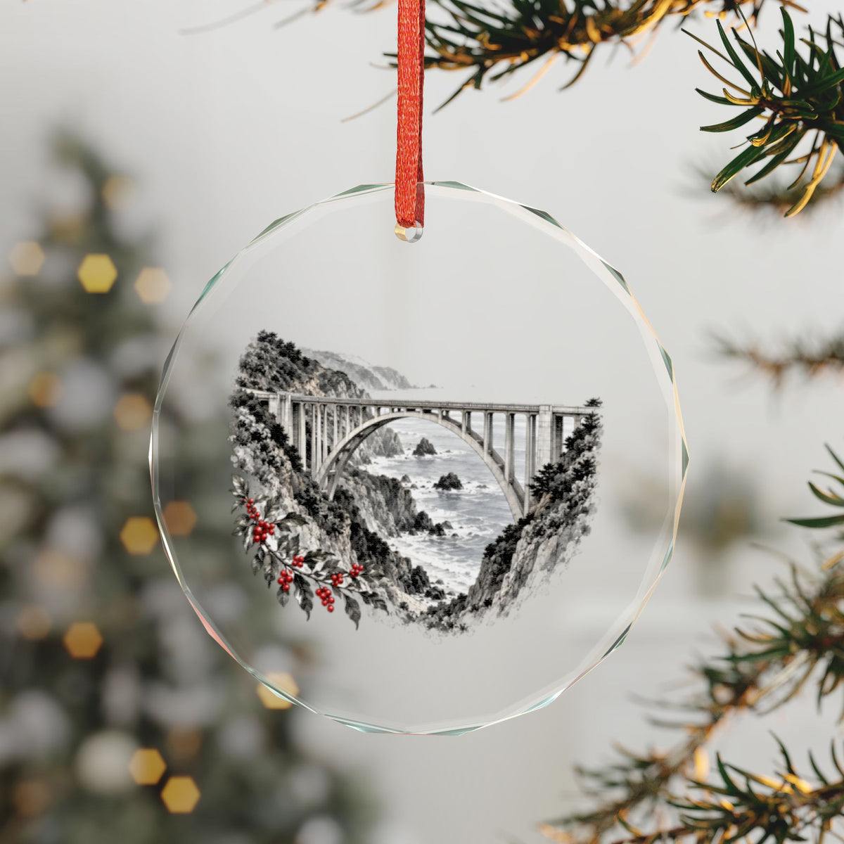 Big Sur, California Holiday Ornament — One Arch Across an Impossible Coast — 3-inch faceted crystal glass ornament in gold gift box
