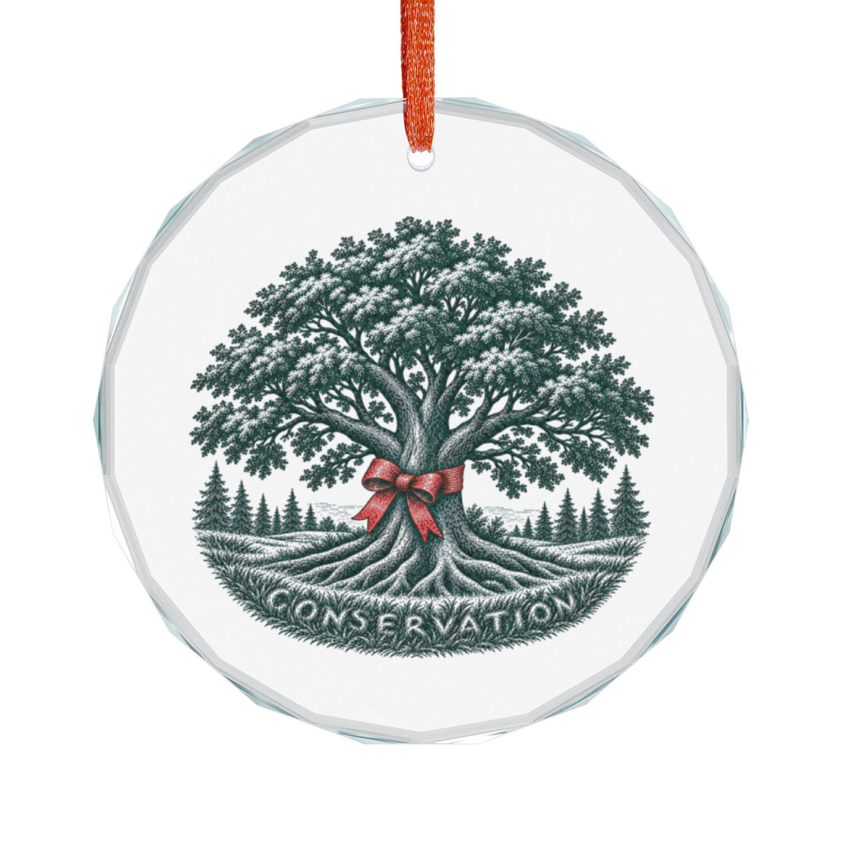 Faceted Crystal Holiday Ornament Hanging Against a White Background, Art: Old Oak Tree Drawing in a Meadow Landscape