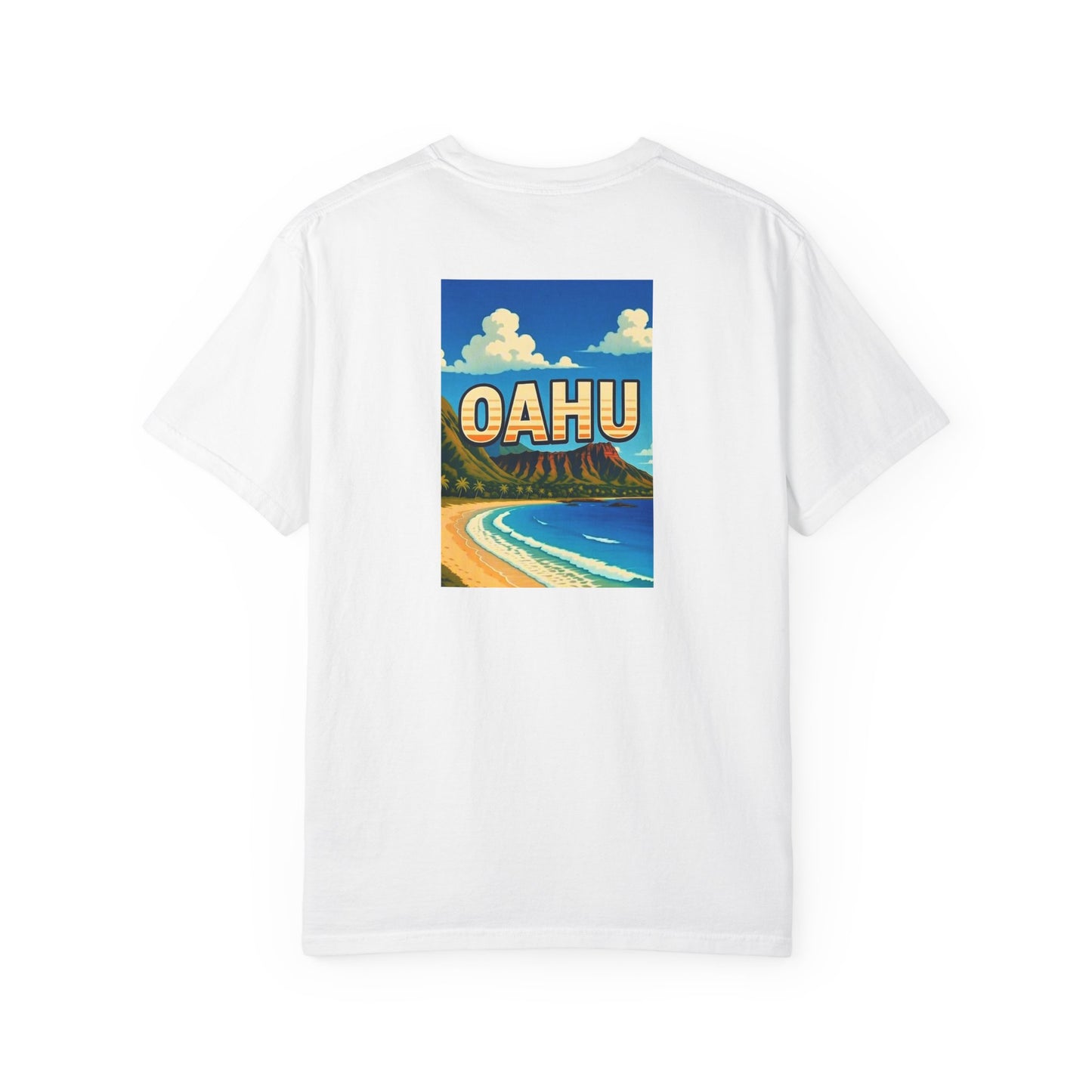 Oahu Hawaii Vintage Retro Back Printed Art Series Cotton Tee - Black Logo