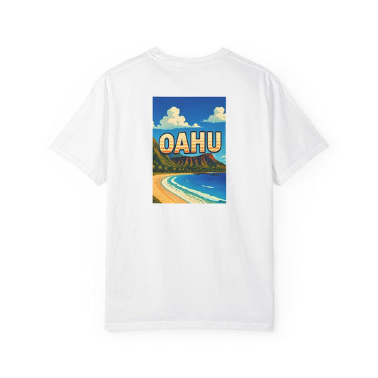 Oahu Hawaii Vintage Retro Back Printed Art Series Cotton Tee - Black Logo