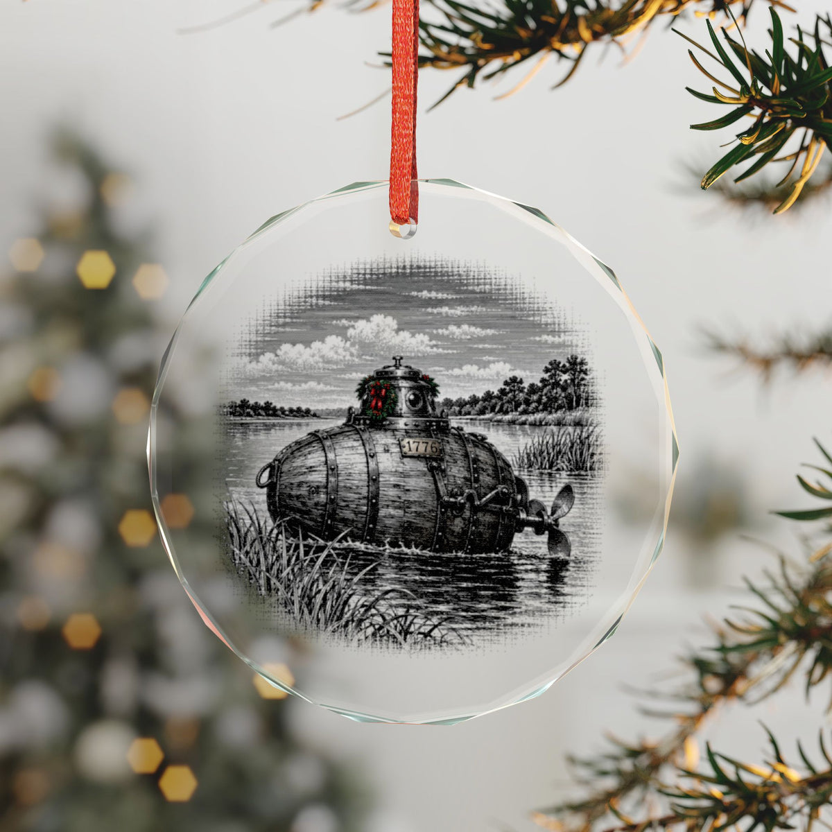 Westbrook Connecticut Holiday Ornament, Bushnell's Turtle, Crystal Glass Ornament Hanging on a Christmas Tree