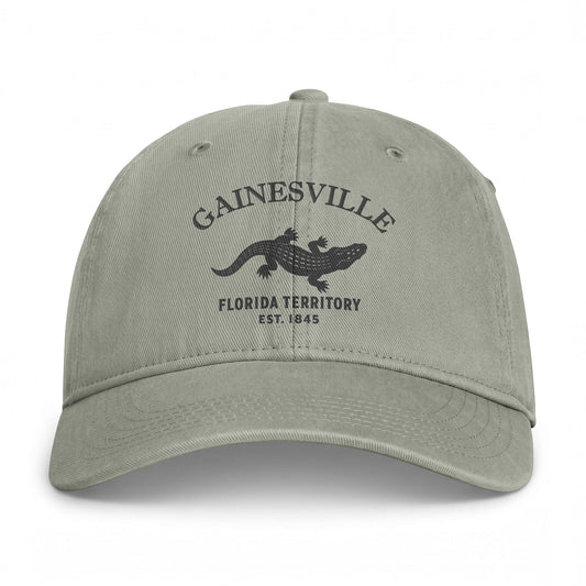 Gainesville Florida Retro Vintage Washed Cap in Sandstone, Charcoal Printed Town Logo