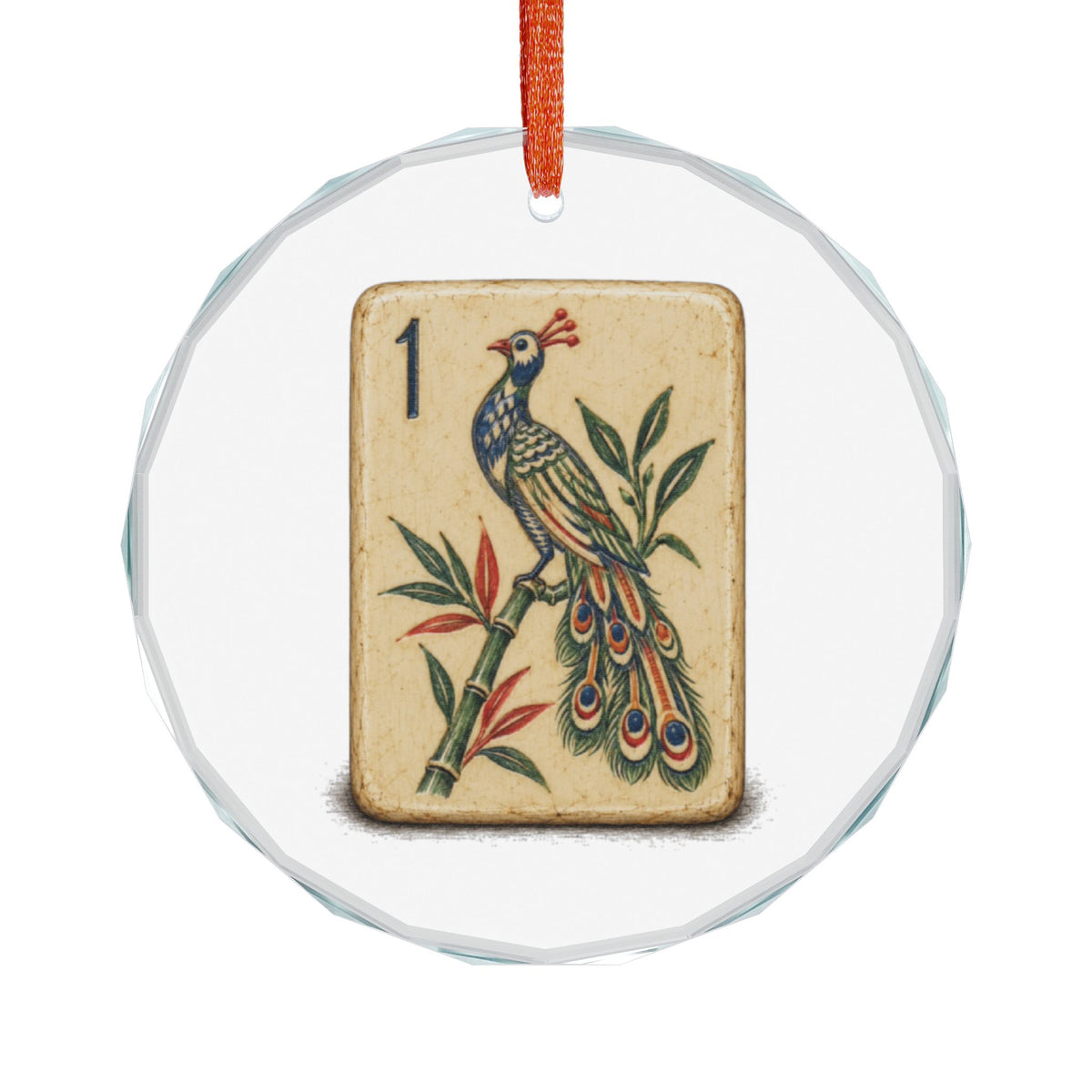 Mahjong Sparrow Tile Crystal Christmas Ornament Front on White, One Bamboo Peacock Tile in the Style of an Antique Bone Set