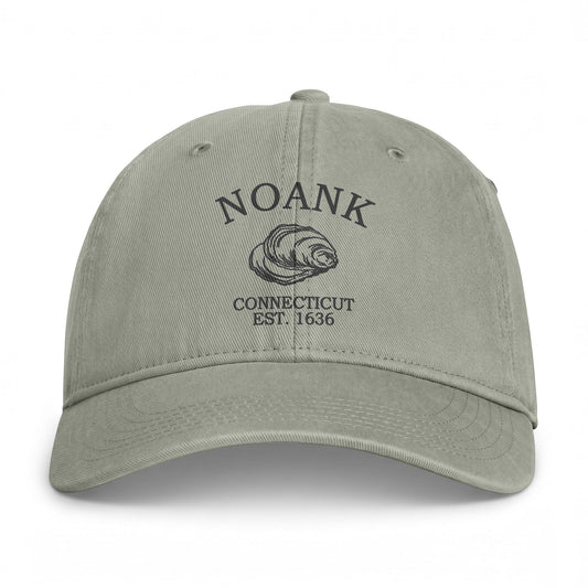 Noank Connecticut Retro Vintage Washed Cap in Sandstone, Charcoal Printed Town Logo