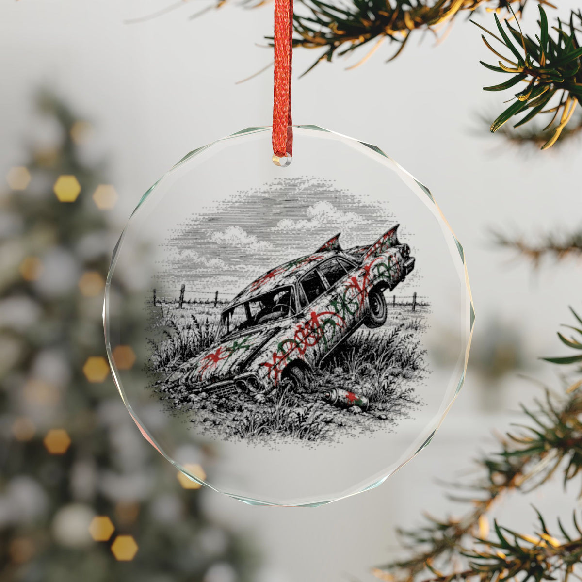 Amarillo Texas Holiday Ornament, Painted Car in the Dirt, Crystal Glass Ornament Hanging on a Christmas Tree