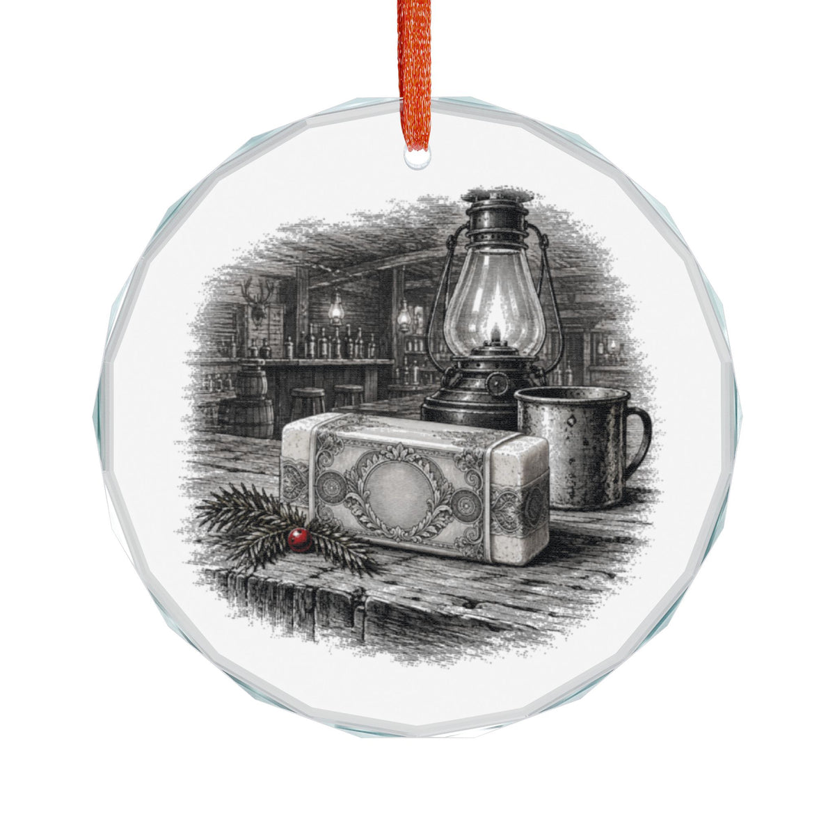 Skagway Alaska Holiday Ornament, Soapy Smith's Soap, Crystal Glass Ornament Hanging on White