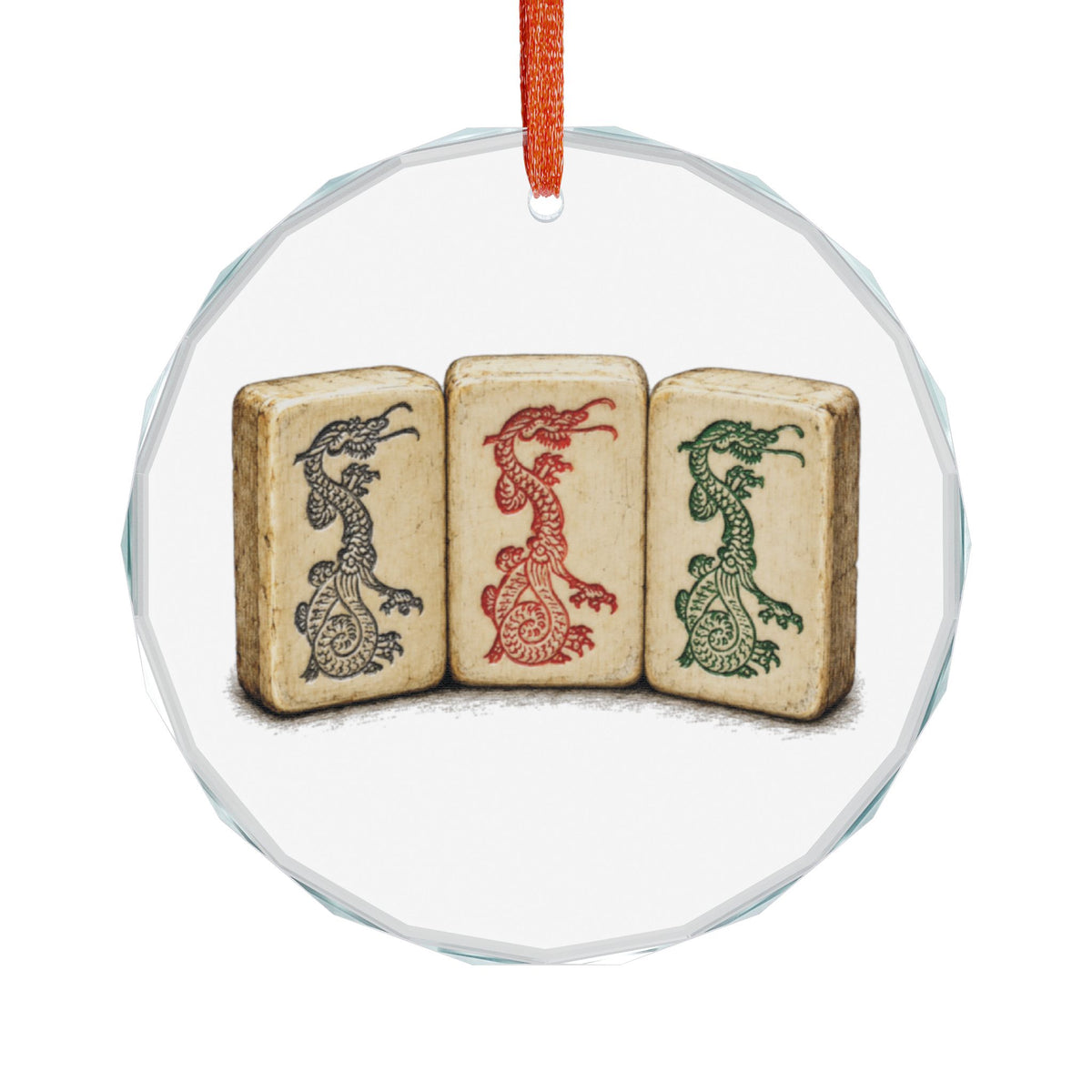 Boca Raton Mah Jongg Crystal Christmas Ornament Front on White, Three Carved Dragon Tiles on Aged Bone