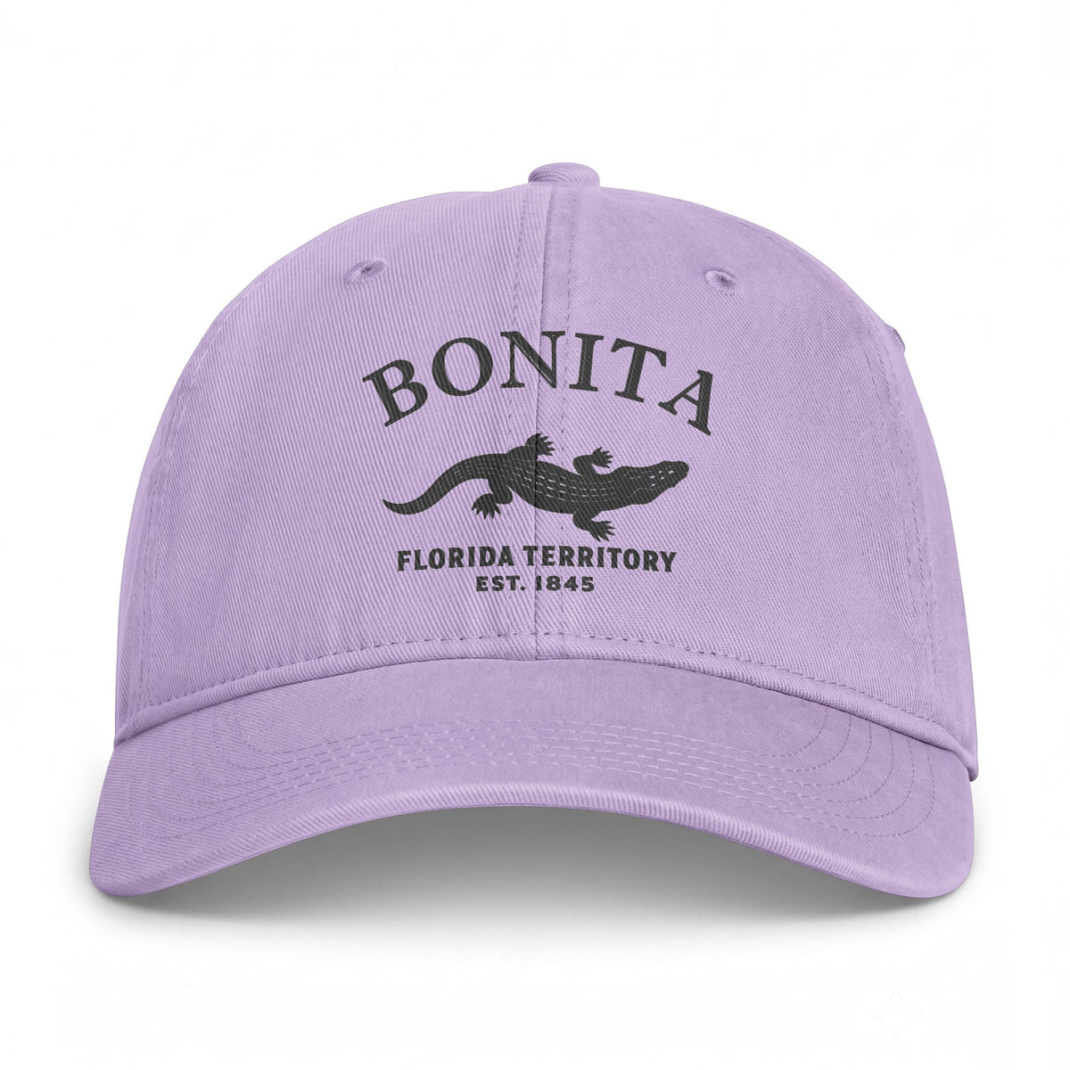 Bonita Springs Florida Retro Vintage Washed Cap in Orchid, Charcoal Printed Town Logo