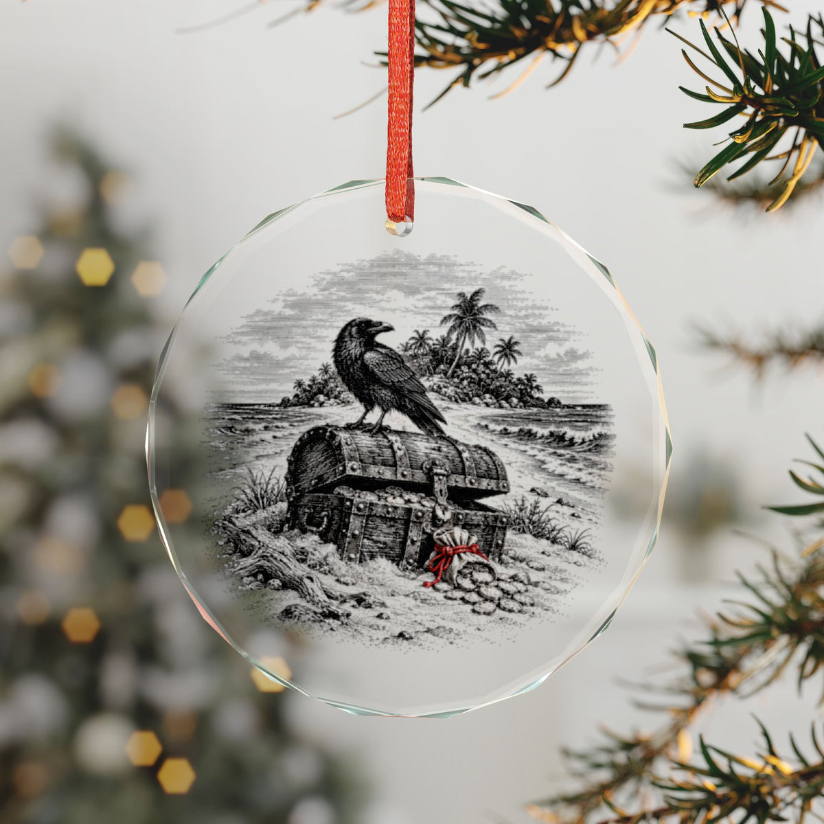 Milford Connecticut Holiday Ornament, Captain Kidd's Chest, Crystal Glass Ornament Hanging on a Christmas Tree