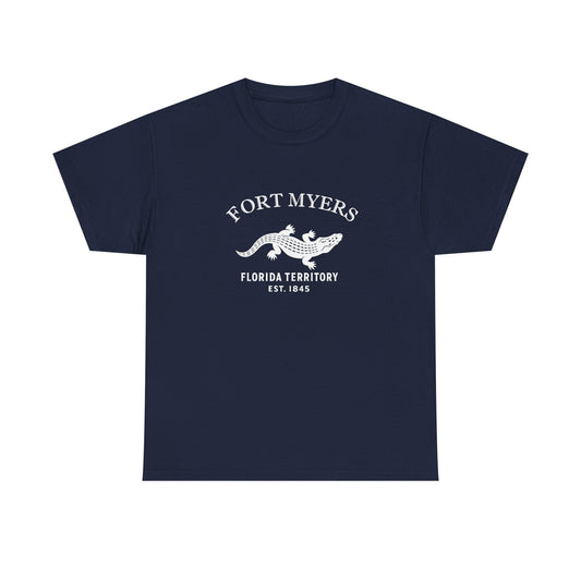 Fort Myers Florida Vintage Style Unisex Heavy Cotton Tee - White Retro Alligator Logo, Navy