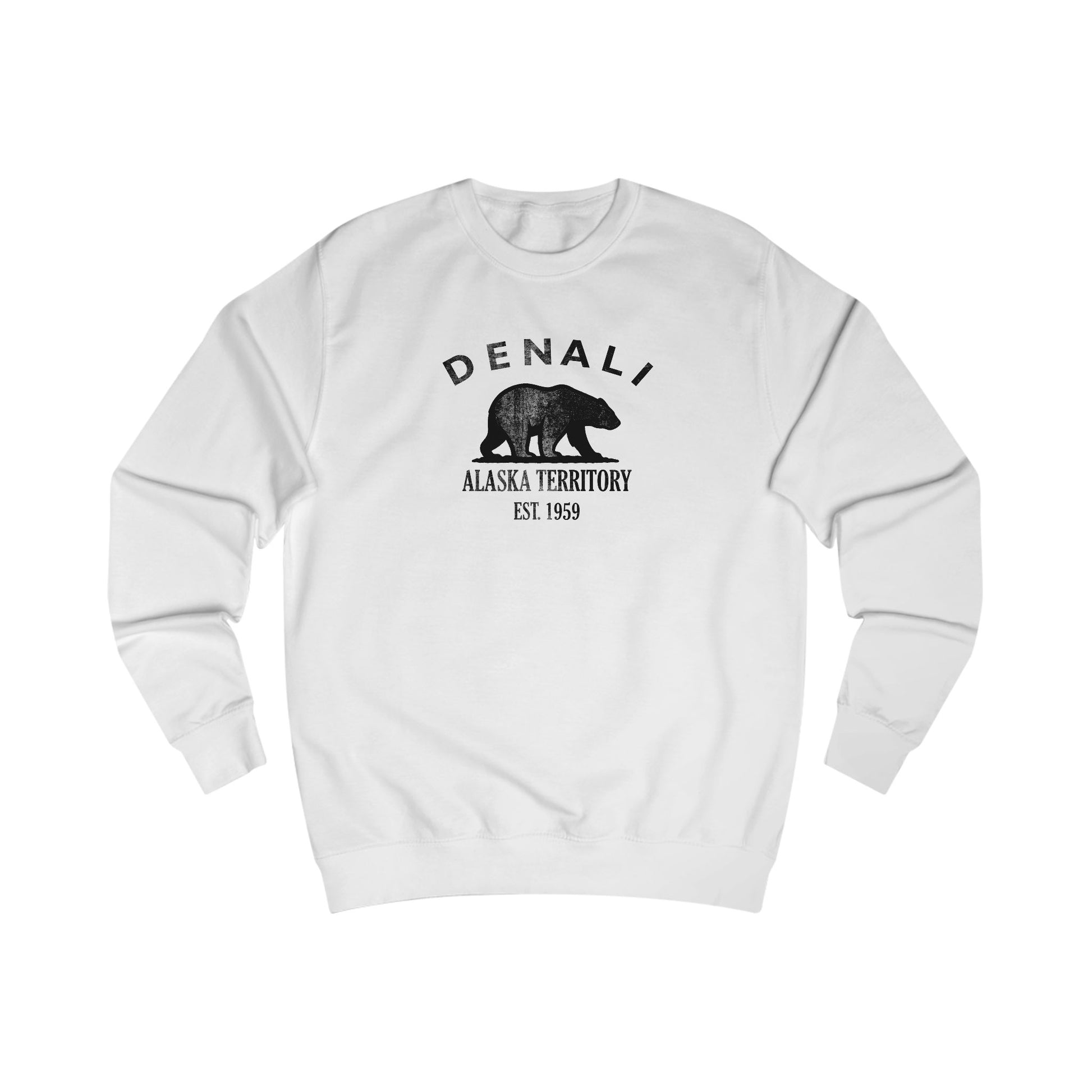 Denali Alaska Vintage Retro Premium Crewneck Sweatshirt - Black Logo - Arctic White