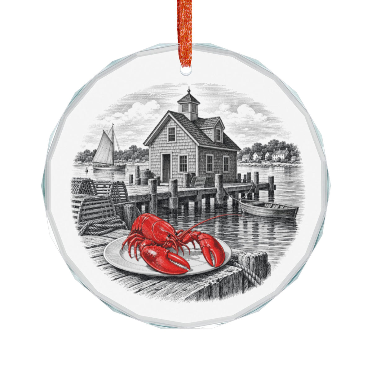 Lobster Heritage Crystal Holiday Ornament Hanging on White, Fishing Wharf with Lobster Shack and Red Lobster on a Plate