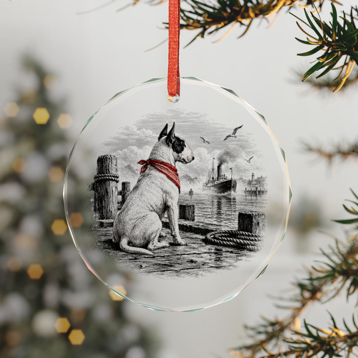 Juneau Alaska Holiday Ornament, Patsy Ann on the Wharf, Crystal Glass Ornament Hanging on a Christmas Tree