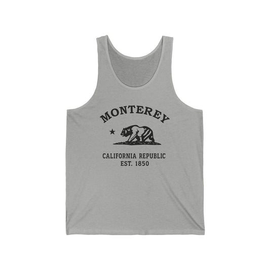 Monterey California Vintage Retro Unisex Cotton Jersey Tank Top, Athletic Heather, Black Logo
