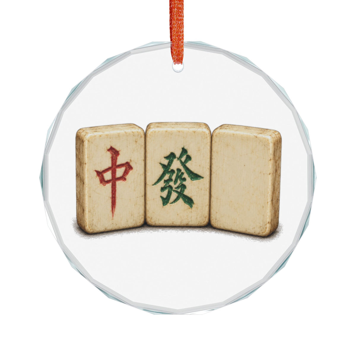 Mahjong Three Honors Crystal Christmas Ornament Front on White, Red Green and Blank White Dragon Tiles on Aged Bone