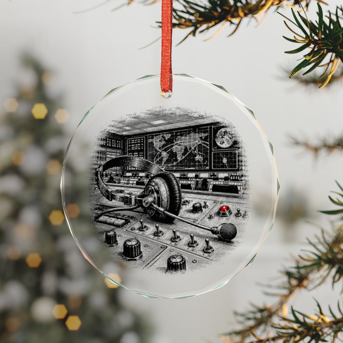 Houston Texas Holiday Ornament, Mission Control Headset, Crystal Glass Ornament Hanging on a Christmas Tree