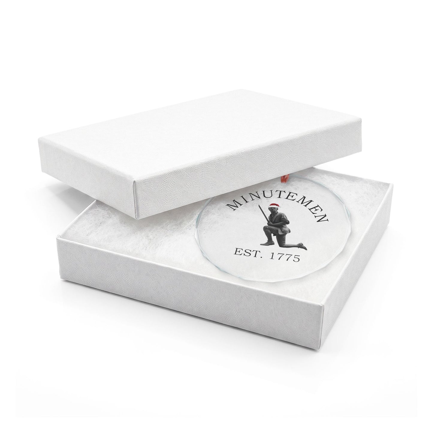 Minuteman crystal glass ornament in a white gift box — keepsake glass ornament, gift ready