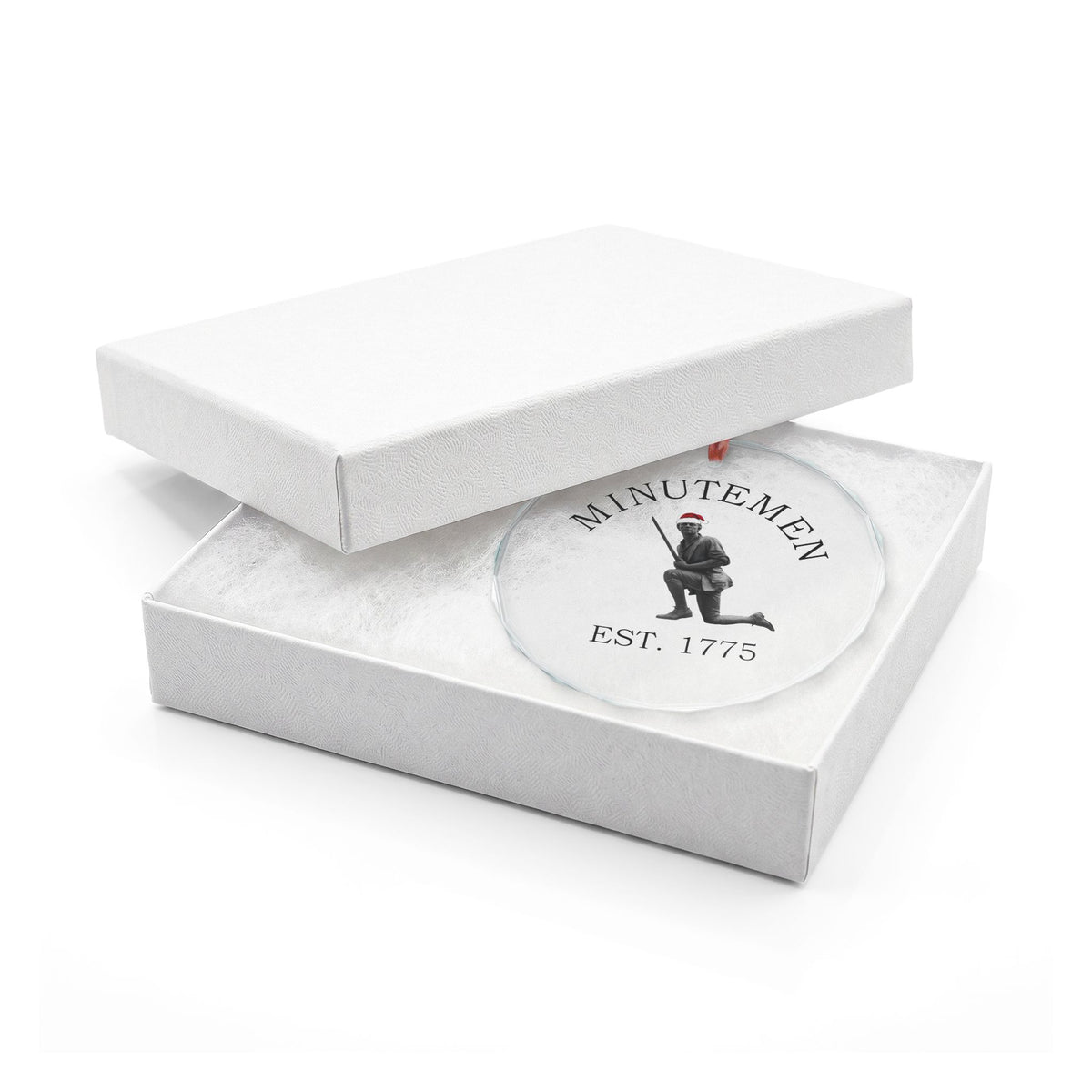Minuteman crystal glass ornament in a white gift box — keepsake glass ornament, gift ready