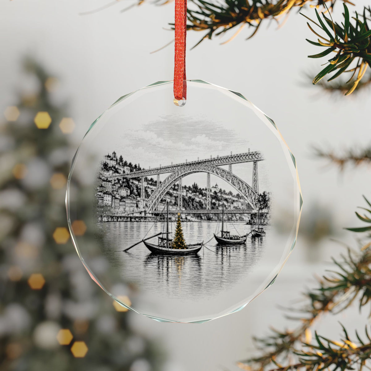 Porto Portugal Crystal Holiday Ornament on a Lit Tree, Dom Luís I Bridge with Rabelo Boats