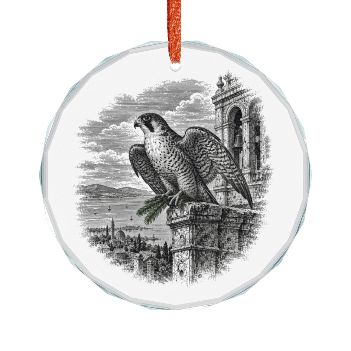 Berkeley California Holiday Ornament, Peregrine Falcon, Crystal Glass Ornament Hanging on White