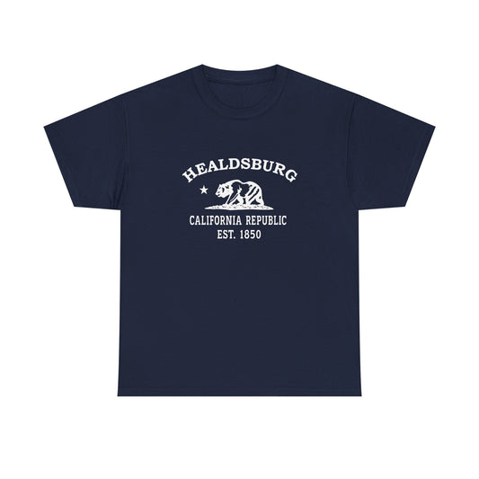 Healdsburg California Vintage Style Unisex Heavy Cotton Tee - White Retro Bear Logo, Navy